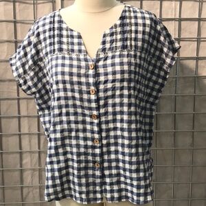 Cap sleeve gingham cotton top w hand embrdoidery